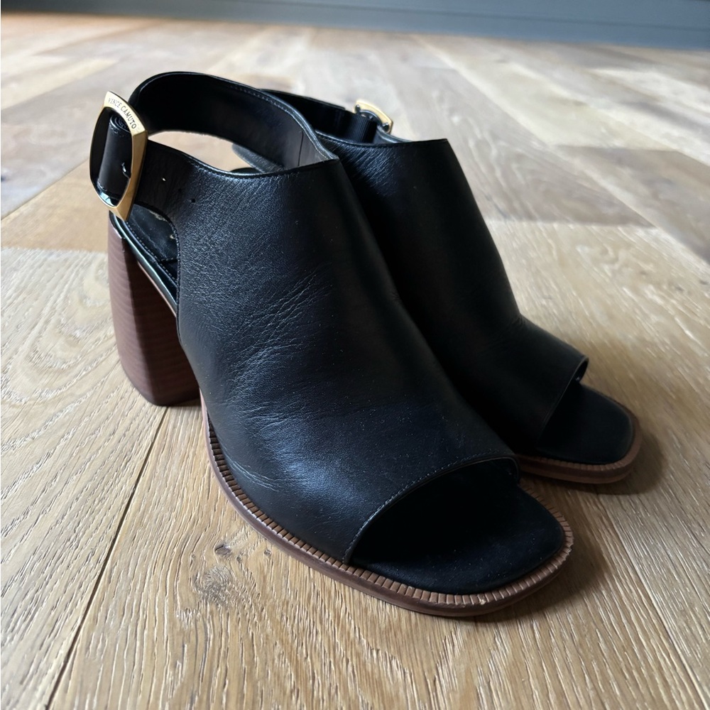 Vince Camuto Black Leather Open-Toe Heels Preena Leather Heel - Picture 5 of 9
